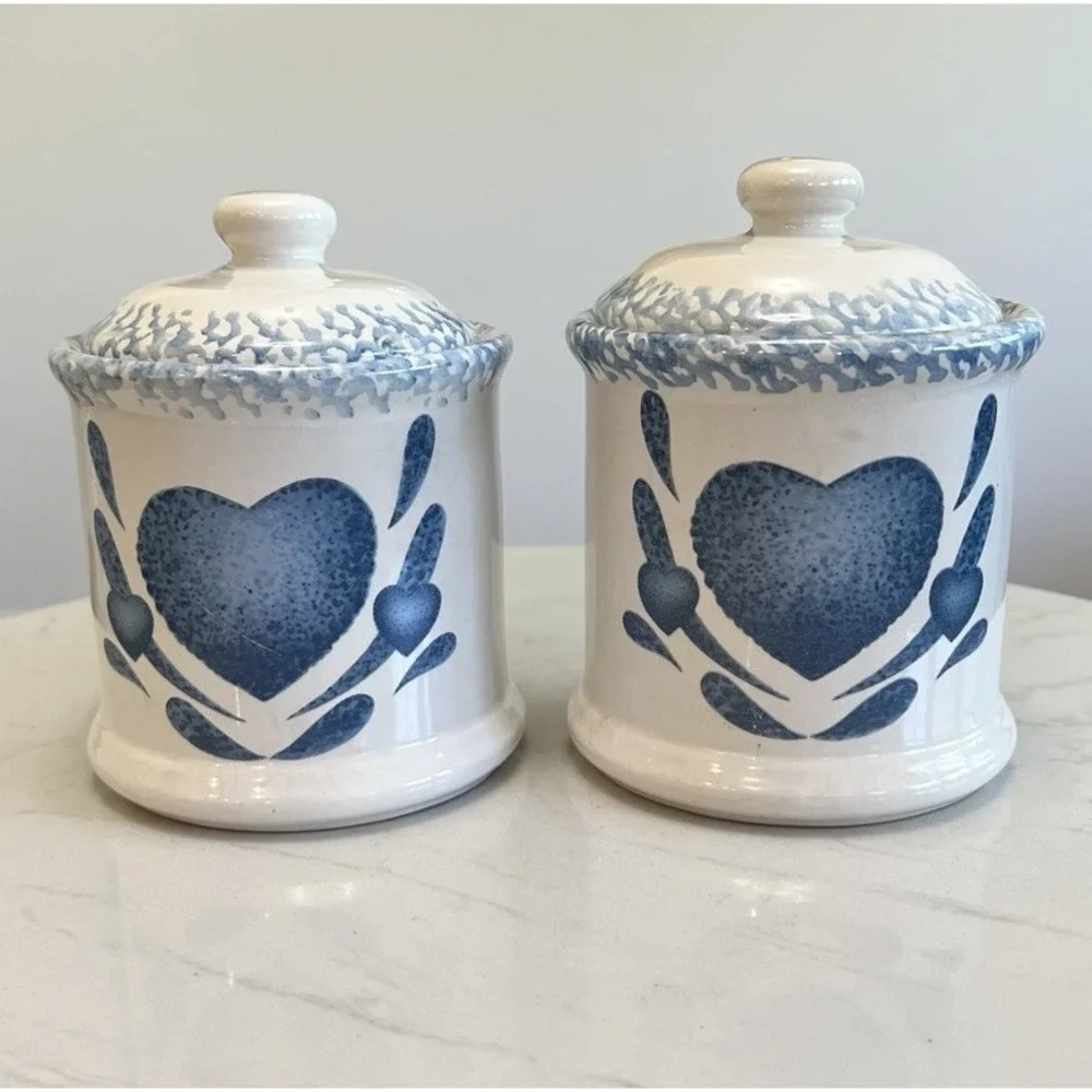 Corelle Blue Hearts Stoneware Kitchen‎ Canisters Cottagecore Grannycore Vtg